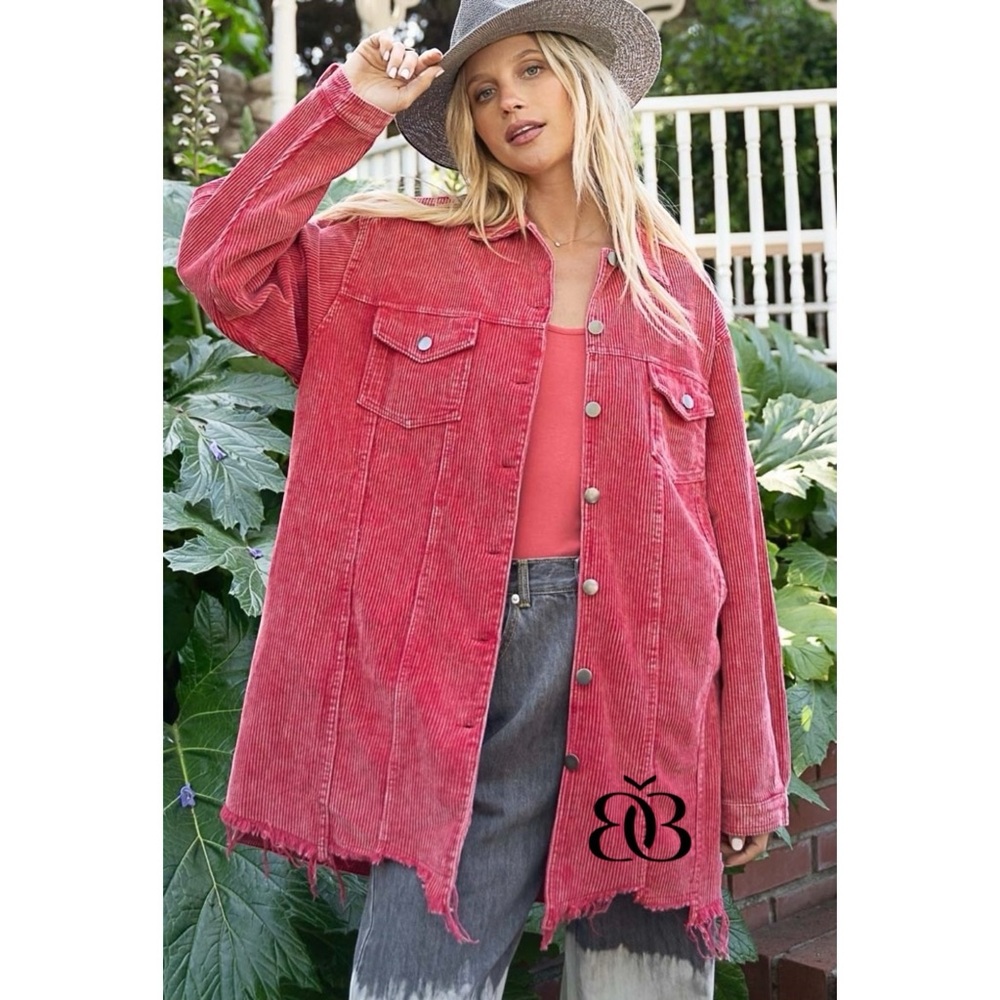 POL Ruby Red Oversized Distressed Hem Long Corduroy Jacket